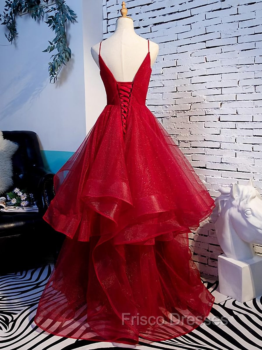 Charming Wine Red Straps Sweetehart Layers Tulle Formal Prom Dress, Long Party Dress