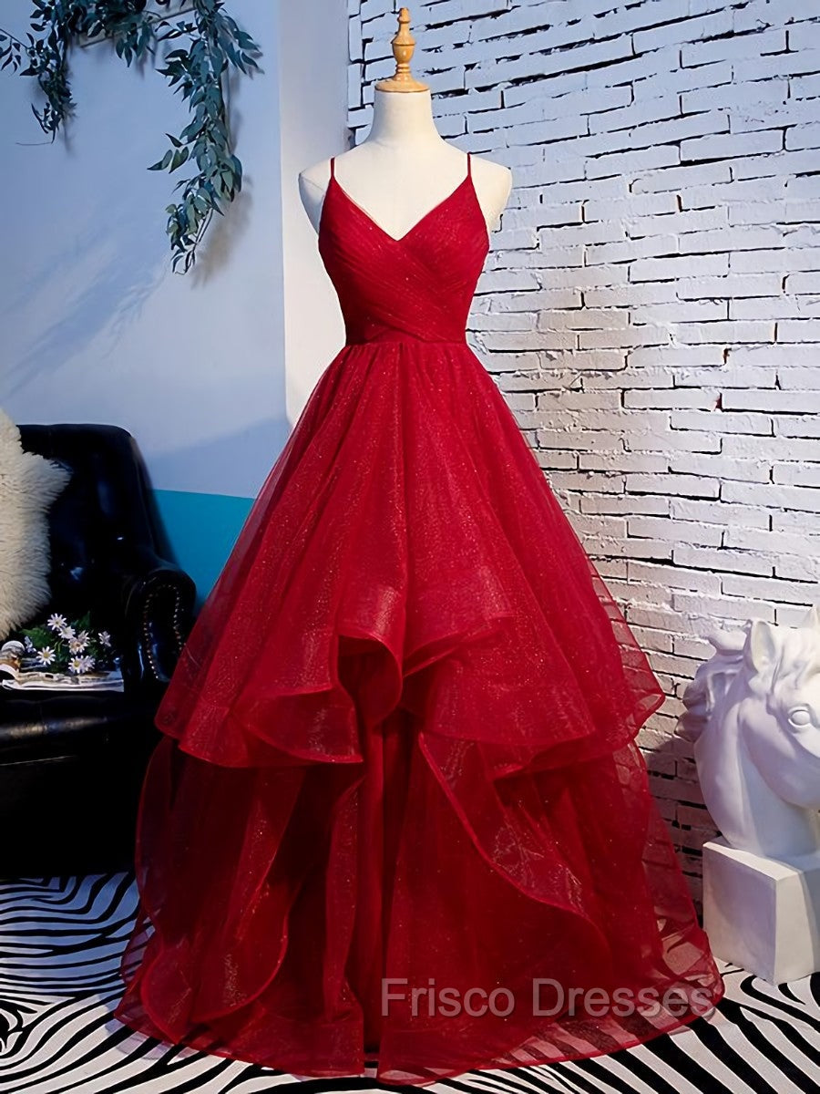 Charming Wine Red Straps Sweetehart Layers Tulle Formal Prom Dress, Long Party Dress