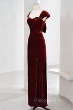Charming Wine Red Velvet Cap Sleeves Long Party Dress, Wedding Party Dress