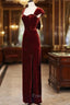 Charming Wine Red Velvet Cap Sleeves Long Party Dress, Wedding Party Dress