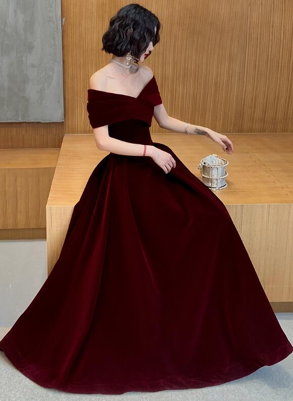 Charming Wine Red Velvet Off Shoulder Long Party Dress, A-Line Prom Dress Secondary image