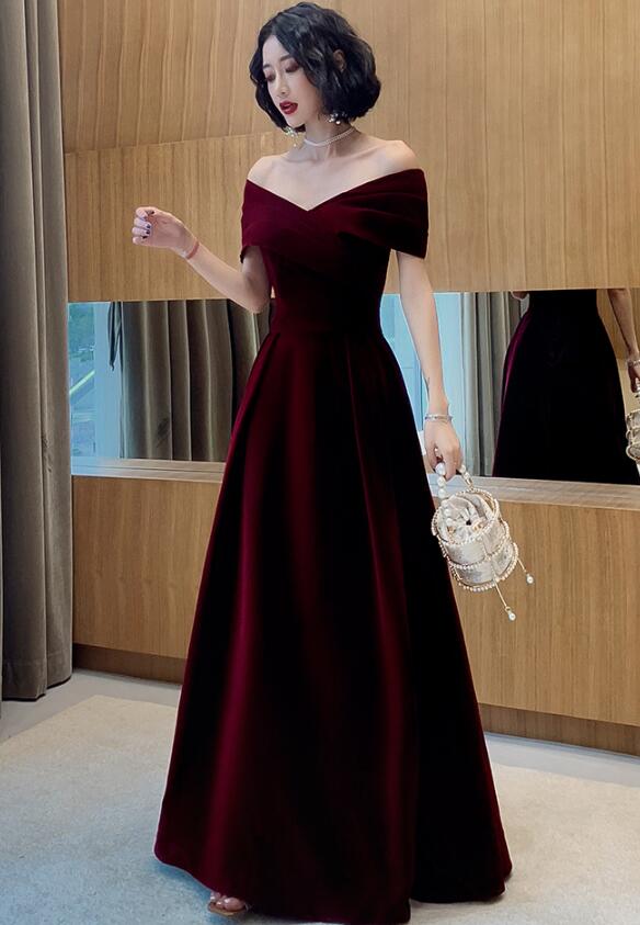 Charming Wine Red Velvet Off Shoulder Long Party Dress, A-Line Prom Dr