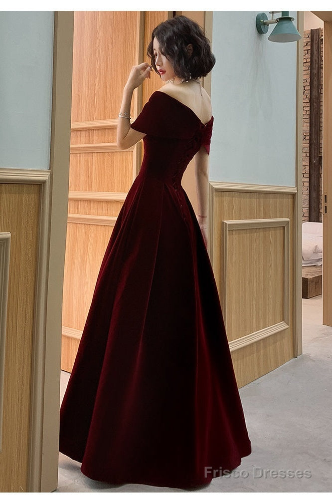 Charming Wine Red Velvet Off Shoulder Long Party Dress, A-Line Prom Dress