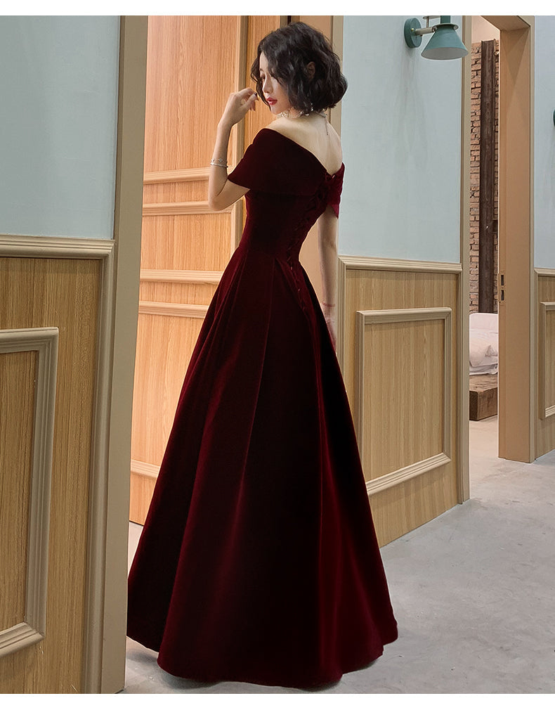 Charming Wine Red Velvet Off Shoulder Long Party Dress, A-Line Prom Dress