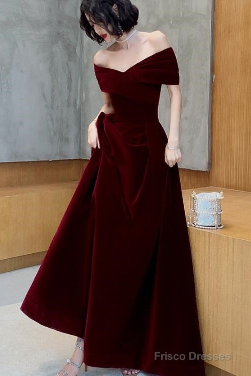 Charming Wine Red Velvet Off Shoulder Long Party Dress, A-Line Prom Dress