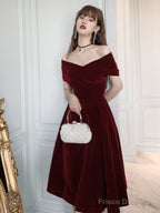 Charming Wine Red Velvet Sweetheart Bridesmaid Dress, Vingage Prom Dress Party Dress