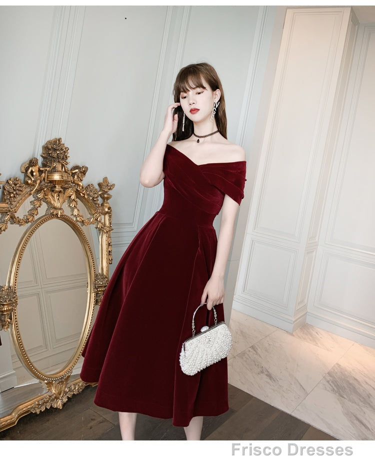Charming Wine Red Velvet Sweetheart Bridesmaid Dress, Vingage Prom Dress Party Dress