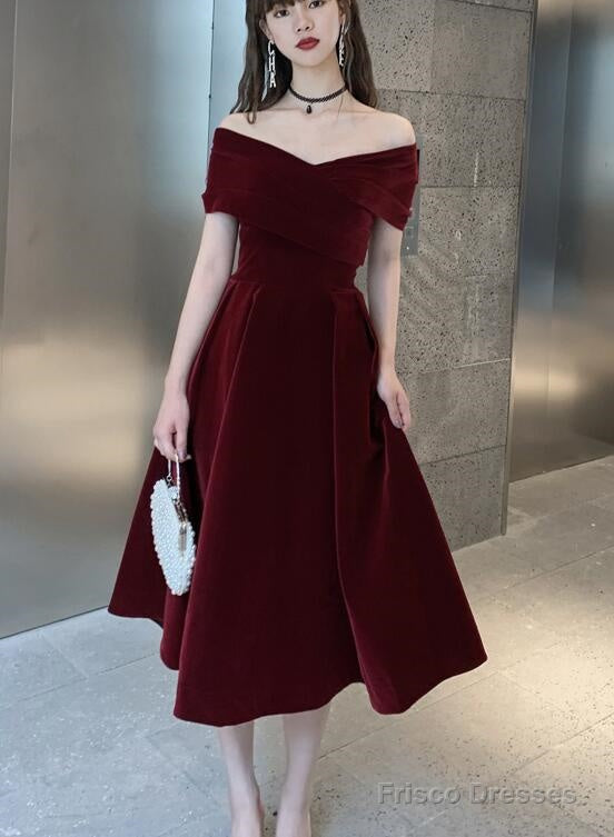 Charming Wine Red Velvet Sweetheart Bridesmaid Dress, Vingage Prom Dress Party Dress