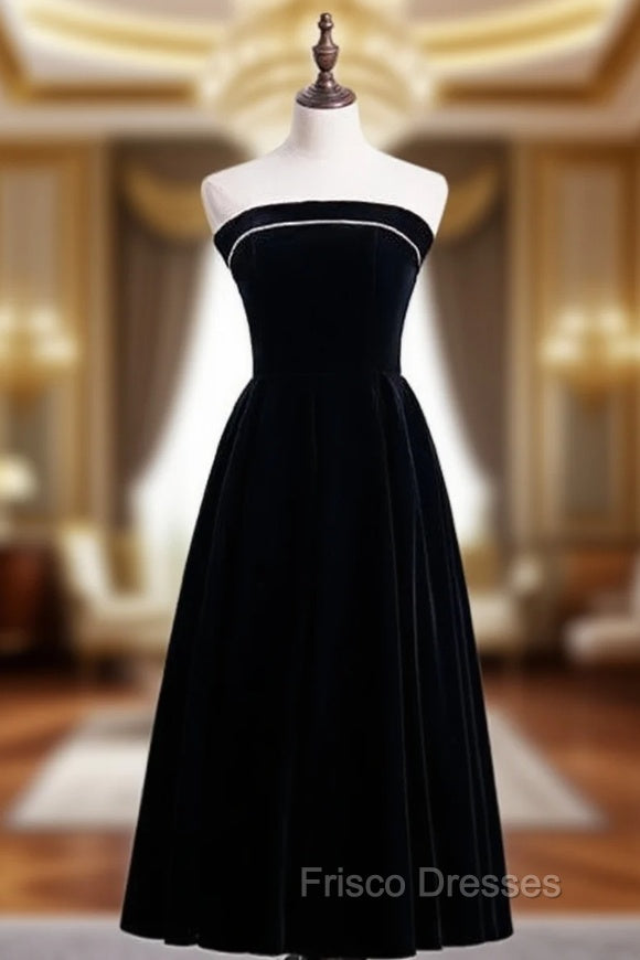 Cheap Black Velvet Strapless Tea Length Formal Prom Dress