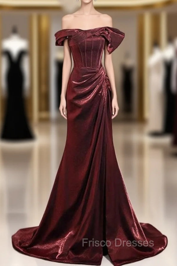 Cheap Burgundy mermaid Off the Shoulder Pleats Formal Prom Dress Main image