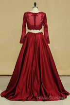 Cheap Burgundy Two-Piece Formal Prom Dress A Line Satin Lace Applique