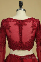 Cheap Burgundy Two-Piece Formal Prom Dress A Line Satin Lace Applique