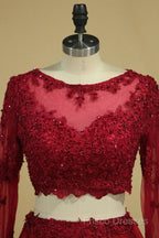 Cheap Burgundy Two-Piece Formal Prom Dress A Line Satin Lace Applique