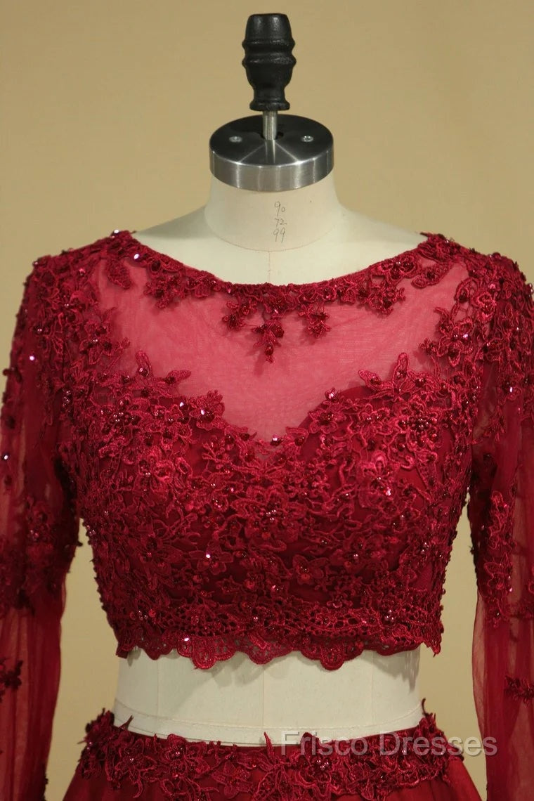 Cheap Burgundy Two-Piece Formal Prom Dress A Line Satin Lace Applique
