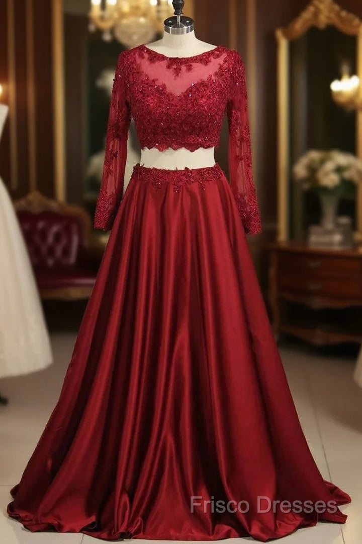 Cheap Burgundy Two-Piece Formal Prom Dress A Line Satin Lace Applique Main image
