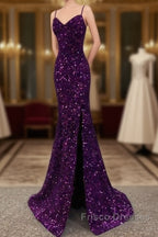 Cheap Dark Purple Formal Prom Dress Sequin Mermaid Formal Evening Dress Split