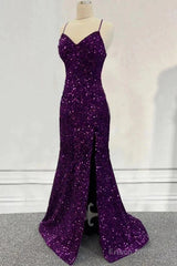 Cheap Dark Purple Prom Dress Sequin Mermaid Formal Evening Dress Split