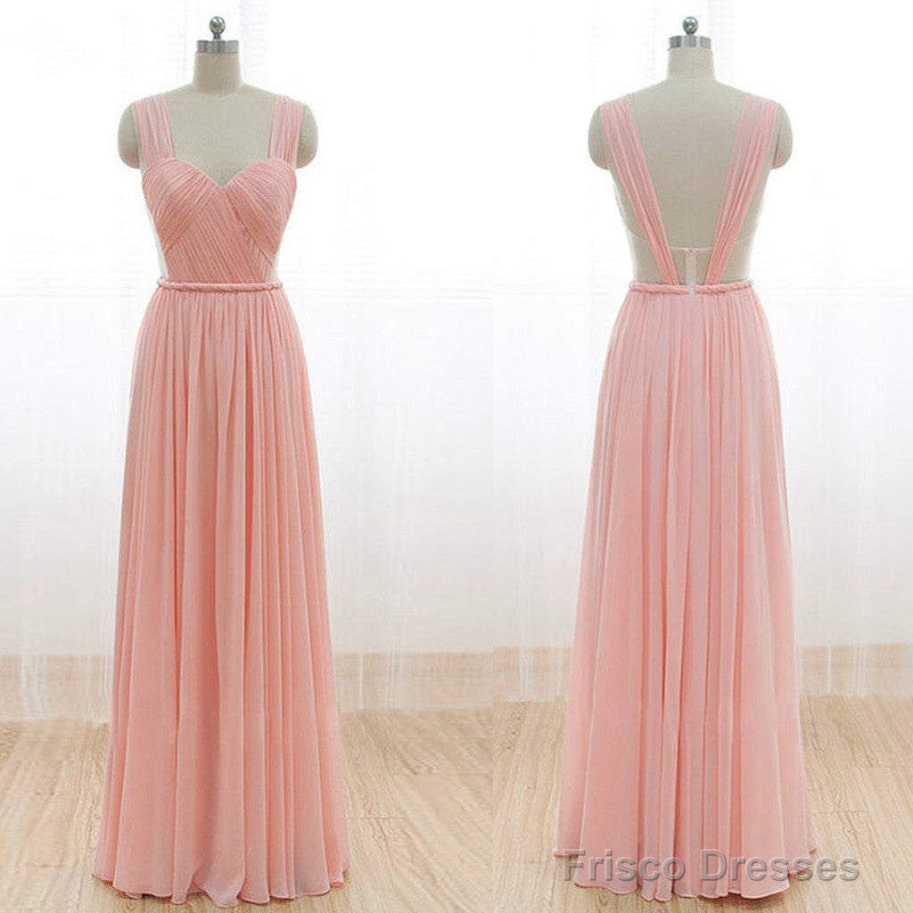Cheap Junior Long Chiffon Pink Off Shoulder Sweet Heart Open Back Bridesmaid Dresses,