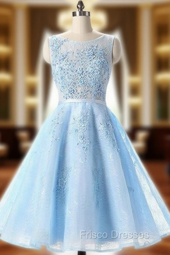 Cheap Light Blue Appliqued Sleeveless Lace Homecoming Dress Main image