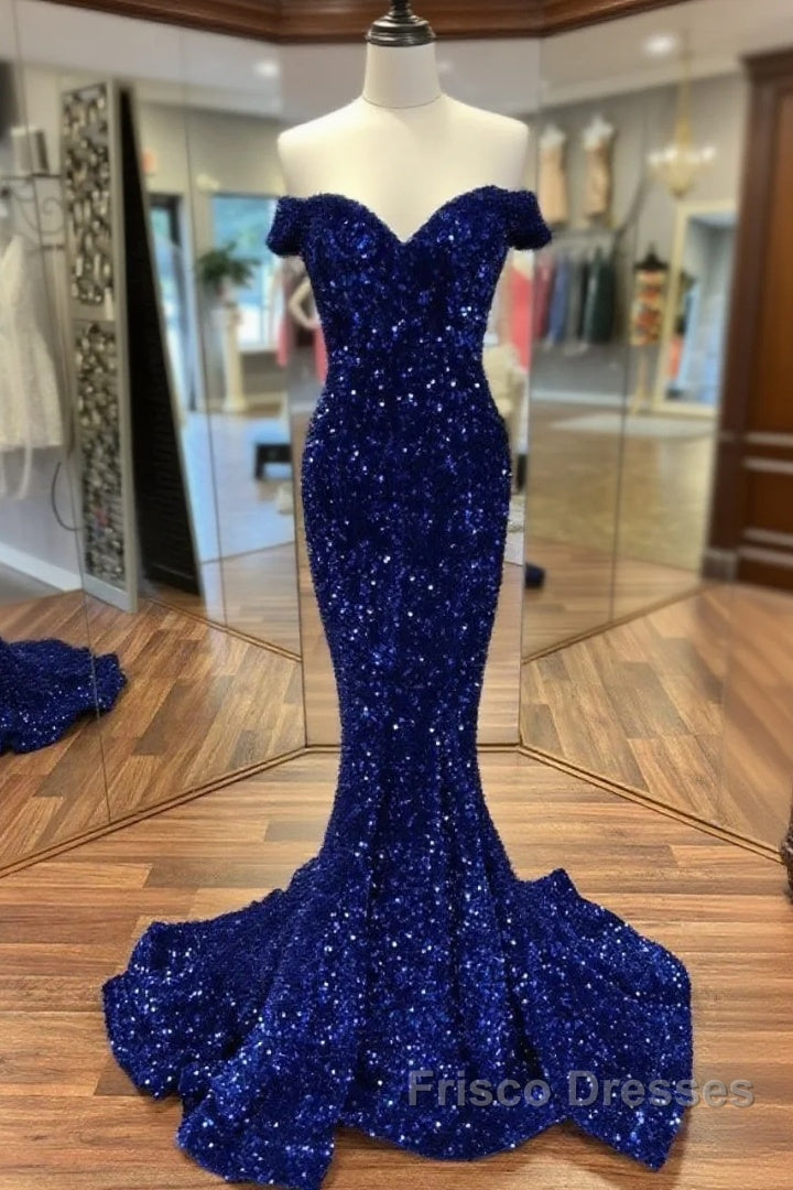 Cheap Long Formal Dress Royal Blue Formal Prom Dress Sequins Mermaid