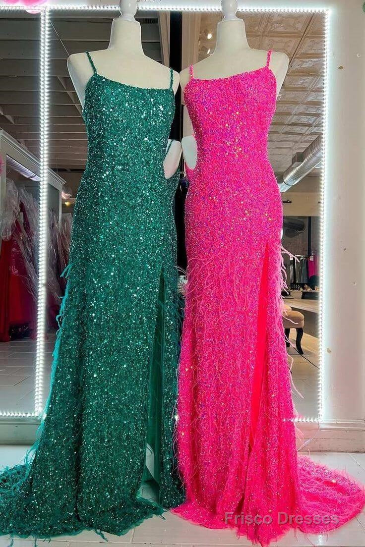 Cheap Long Sequins Prom Dress Hot Pink Evening Dress With Feathers Secondary image