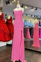 Cheap Long Sequins Prom Dress Hot Pink Evening Dress With Feathers