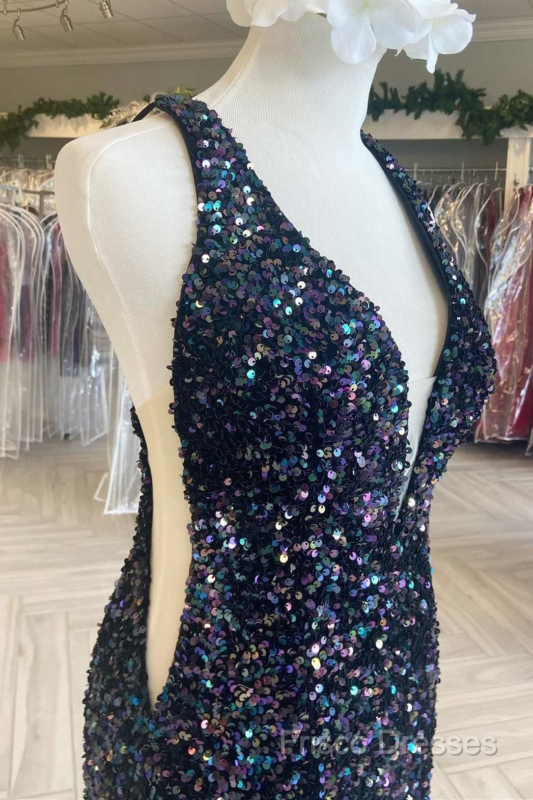 Cheap Meremaid Iridescent Sequin Formal Prom Dress Cheap V Neck Long Formal Dress Secondary image