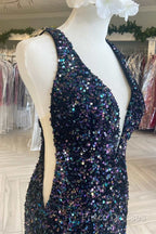 Cheap Meremaid Iridescent Sequin Formal Prom Dress Cheap V Neck Long Formal Dress