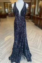 Cheap Meremaid Iridescent Sequin Formal Prom Dress Cheap V Neck Long Formal Dress