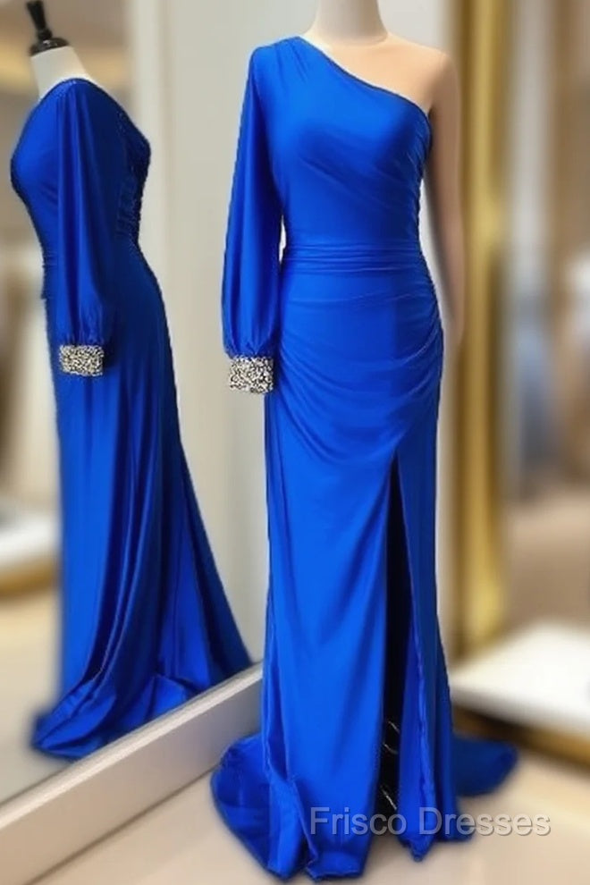 Cheap Mermaid One Shoulder Formal Prom Dress Royal Blue Long Sleeve Party Dress Main image
