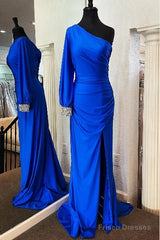 Cheap Mermaid  One Shoulder Prom Dresses Royal Blue  Long Sleeve Party Dress