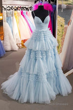 Cheap  Prom Dresses Sequin Tulle V Neck Ruffles Formal Dresses Long