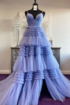 Cheap  Prom Dresses Sequin Tulle V Neck Ruffles Formal Dresses Long