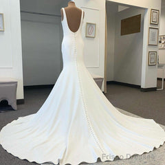 Cheap Satin Square Neck Wedding Dresses Mermaid Straps Bridal Gowns Buttons