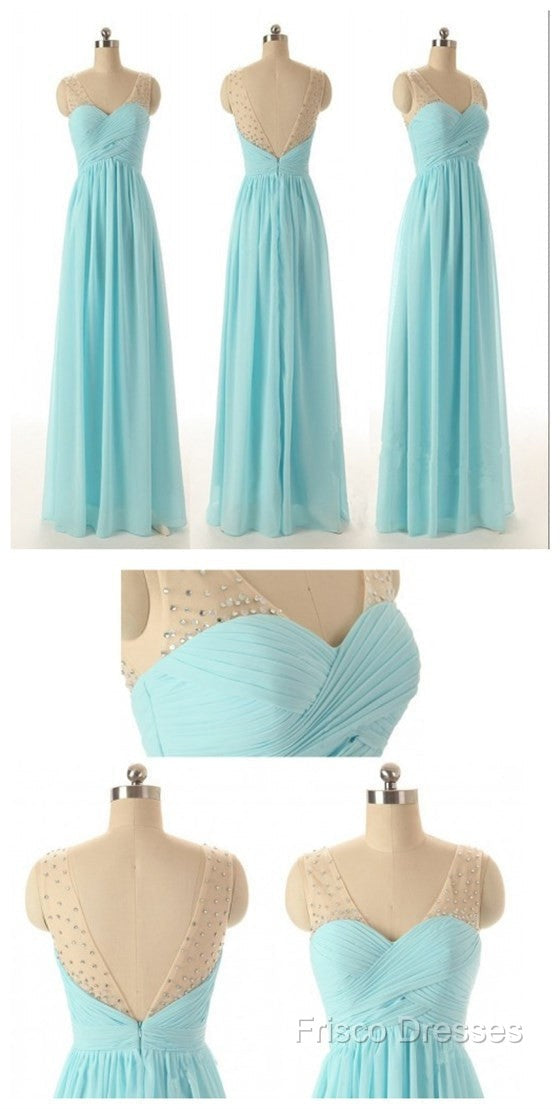 Cheap Simple Junior Strapless Sweetheart Blue Chiffon A-Line Floor-Length Wedding Party Bridesmaid Dress ,