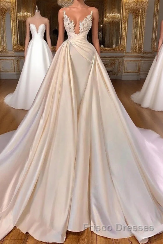 Chic A-Line Cathedral Sleeveless V-Neck Long Wedding Dresses Main image