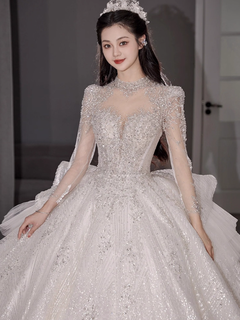 Chic A-Line Long Wedding Dresses Tulle  White Bridal Gowns Long Sleeves Bridal Dresses Secondary image