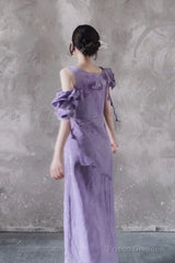 Chic A Line Scoop Lilac Long Prom Dresses Birthday Dress With Ruffles
