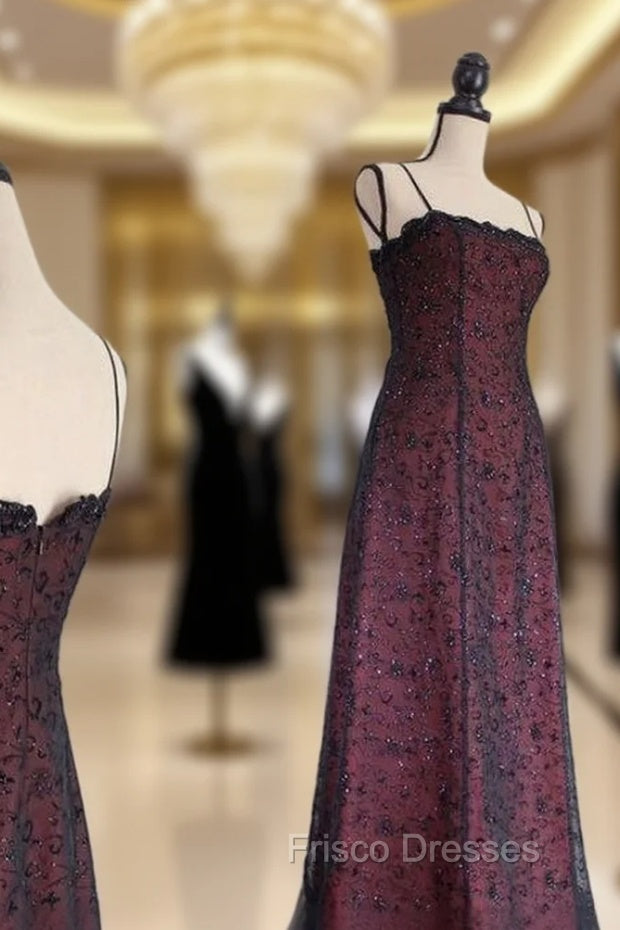 Chic A Line Spaghetti Straps Burgundy Tulle Evening Dress Long Formal Prom Dress Main image