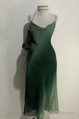 Chic A Line Spaghetti Straps Green Chiffon Evening Dress Prom Dresses