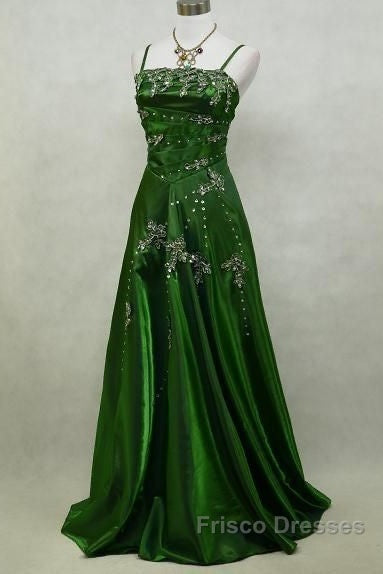 Chic A Line Spaghetti Straps Green Satin Evening Dress Long Formal Prom Dress