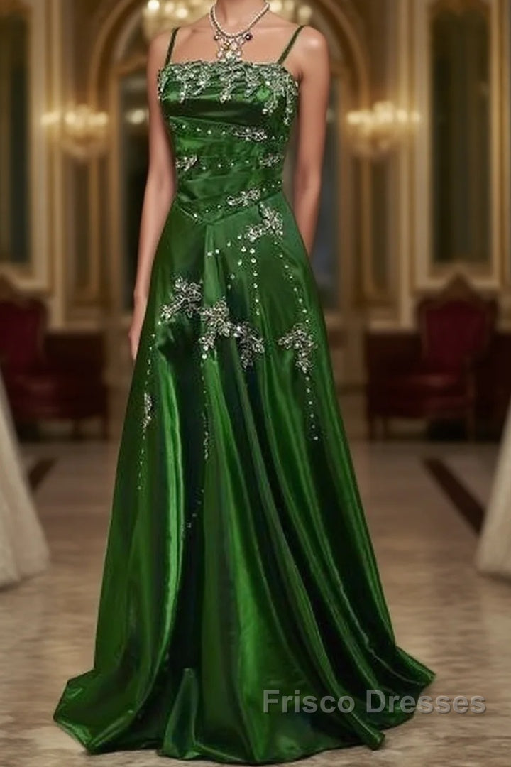 Chic A Line Spaghetti Straps Green Satin Evening Dress Long Formal Prom Dress