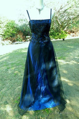 Chic A Line Spaghetti  Straps Navy Blue Tulle Evening Dress Long Prom Dresses