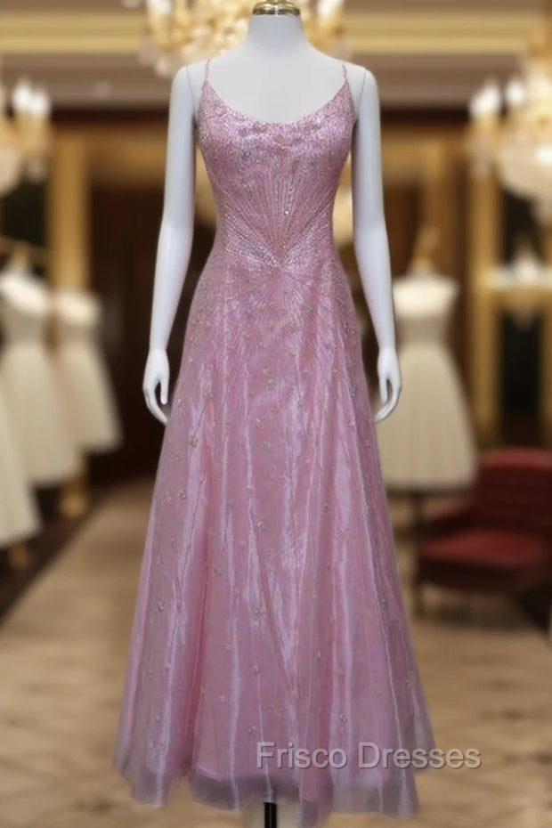 Chic A Line Spaghetti Straps Pink Long Evening Dress Beads Long Formal Prom Dress Main image