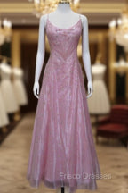 Chic A Line Spaghetti Straps Pink Long Evening Dress Beads Long Formal Prom Dress
