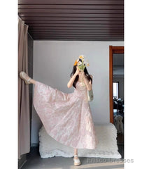 Chic A Line Spaghetti Straps Pink Satin Ankle Length Prom Dresses Birthday Outfits