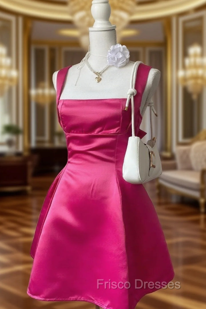 Chic A line Square Neckline Hot Pink Satin Short Party Dress Homecoming Dress