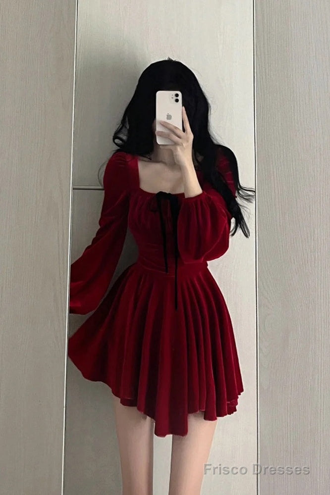 Chic A Line Square Neckline Long Sleeves Red Velvet Party Dress Birthd   Frisco Dresses