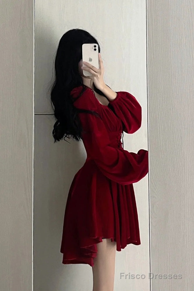 Chic A Line Square Neckline Long Sleeves Red Velvet Party Dress Birthd Frisco Dresses Chic A Line Square Neckline Long Sleeves Red Velvet Party Dress Birthd Frisco Dresses