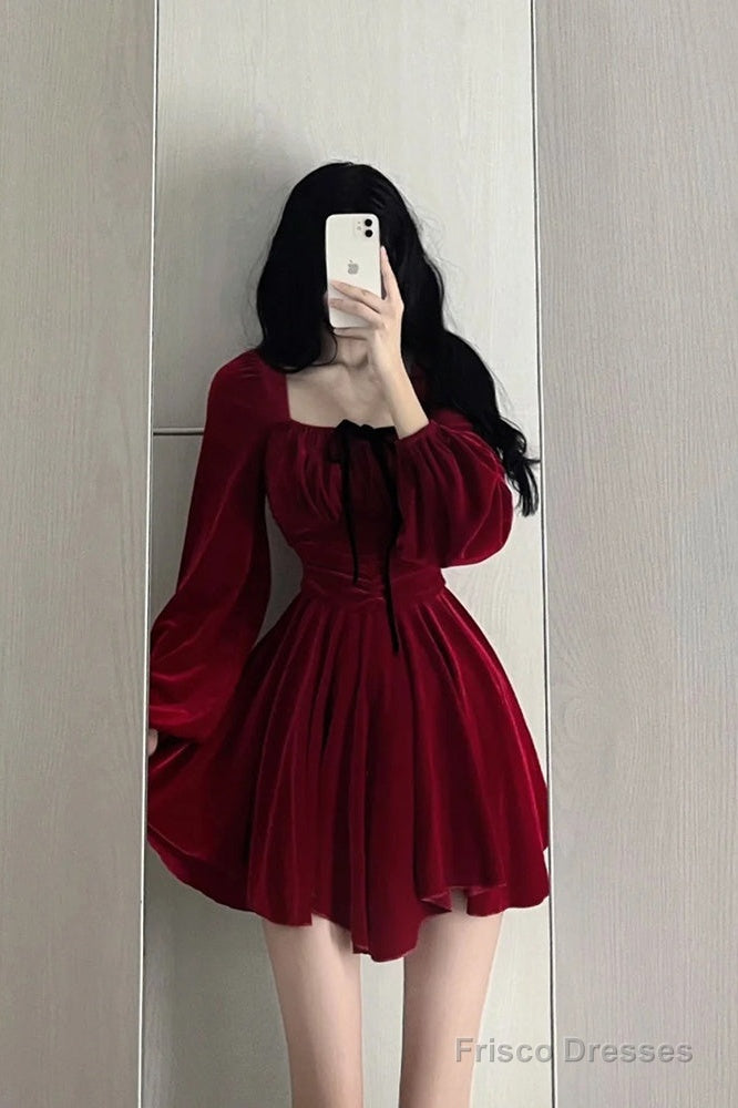 Chic A Line Square Neckline Long Sleeves Red Velvet Party Dress Birthd –  Frisco Dresses